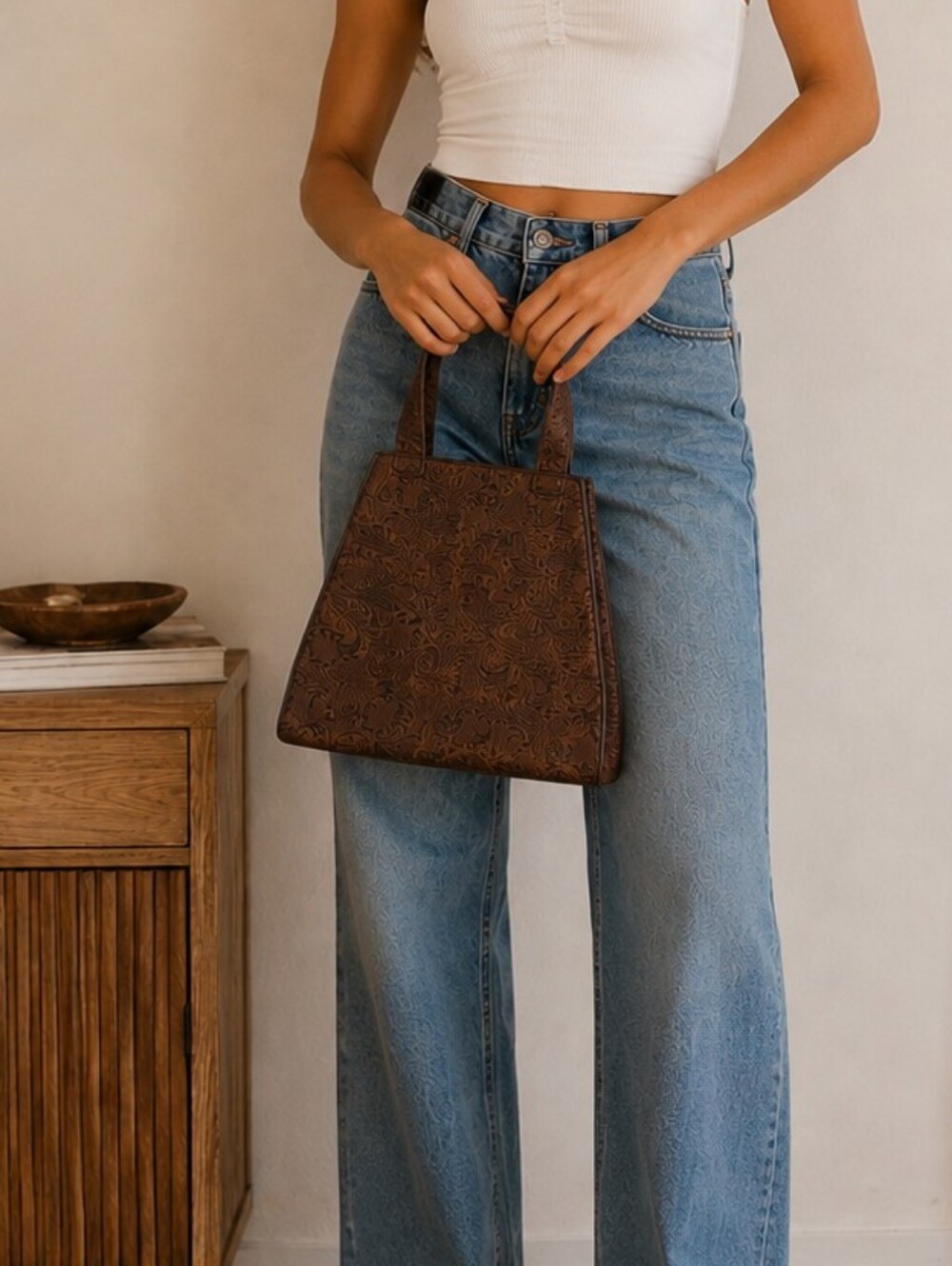 Vintage Tooled Brown Faux Leather Handbag | Boho Western Cottagecore Purse